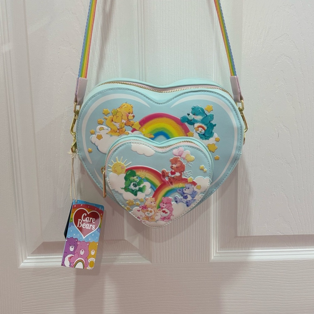Loungefly Care Bears Heart Crossbody Bag - Blue and Rainbow - Glows in the Dark!